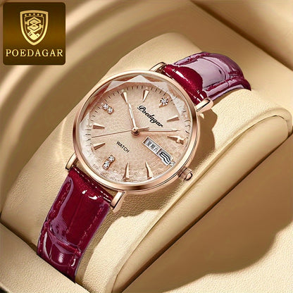 POEDAGAR Women Watch Luxury Quartz Watch with Rhinestone Vintage Fashion Analog Calendar PU Leather Strap 