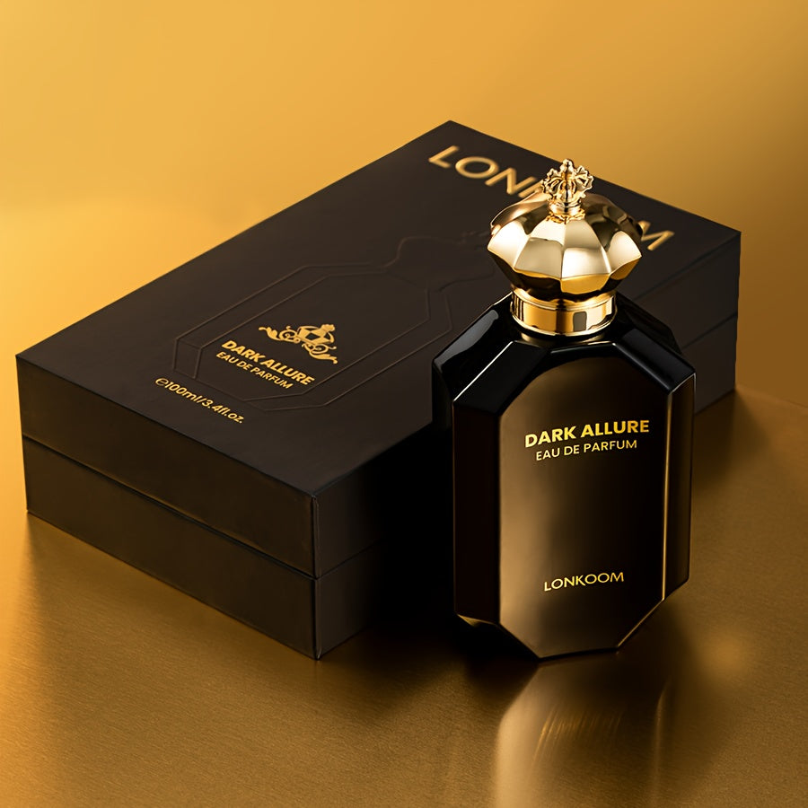 Eau de Parfum LONKOOM Dark Allure 3.36oz - Cadeau Parfait pour Hommes pour la Fête des Pères, Concentration de 15%, Parfum Longue Durée avec Notes de Cuir Synthétique, Cannelle, Tabac, Rhum, Vanille, Sans BPA, Idéal pour le Quotidien & Occasions Spéciales