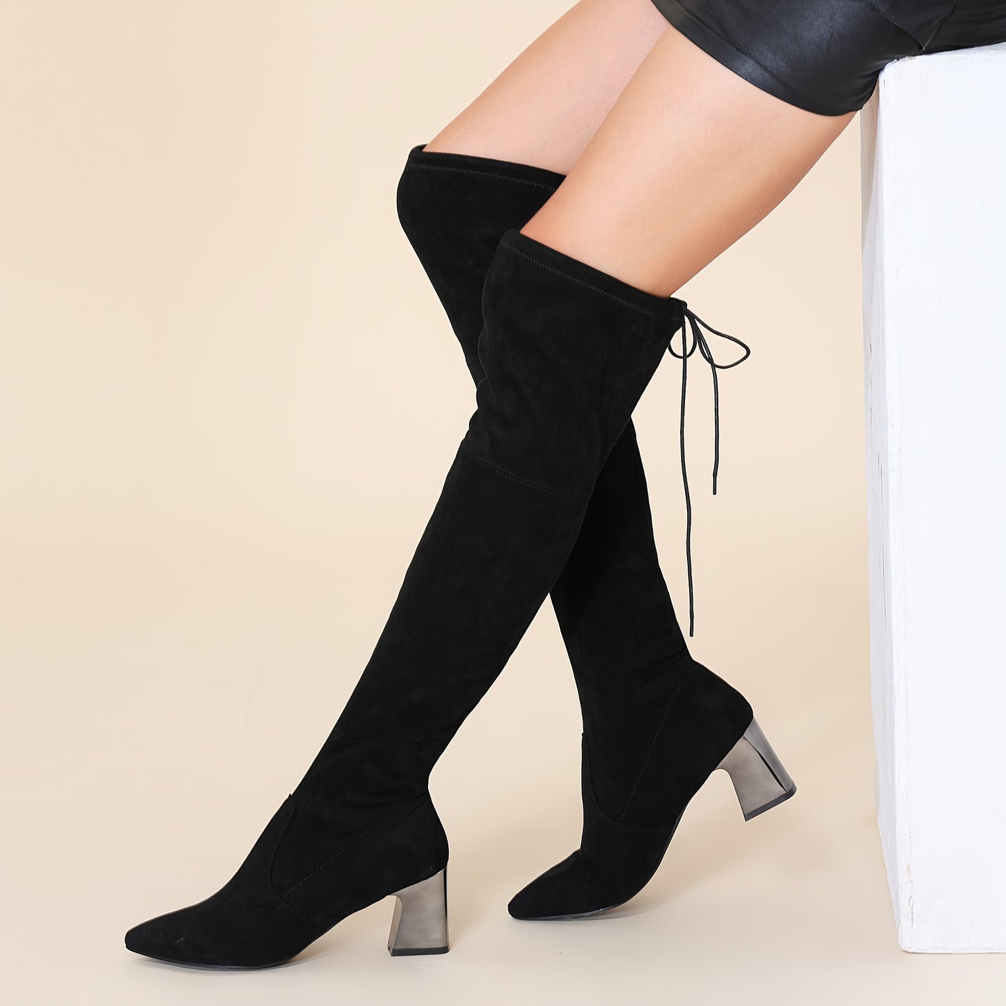 Bottes hautes pour femmes, bottes en similicuir au-dessus du genou avec bout pointu et talon haut de 7 cm