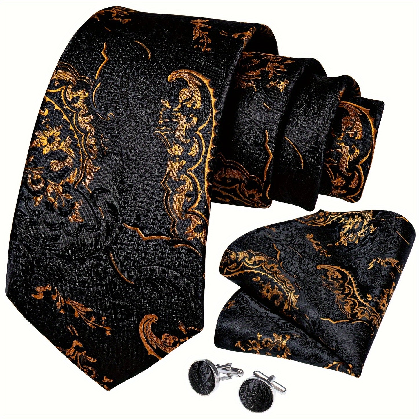 Ensemble de Quatre Pièces pour Hommes d'Affaires de Mariage de Luxe avec Cravate, Mouchoir, Boutons de Manchette et Épingle de Col en Motif Paisley Noir Doré