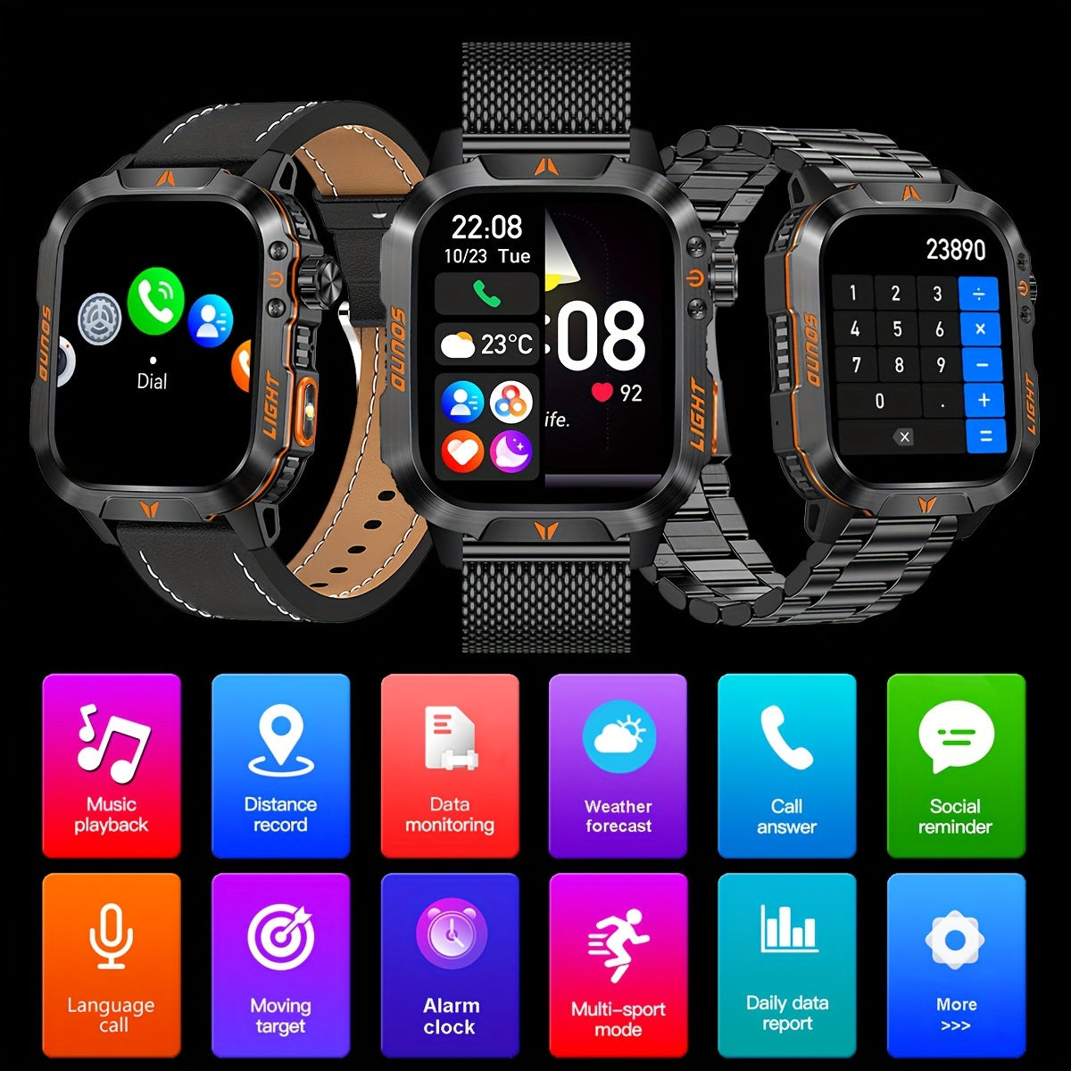 Nouvelle montre connectée de sport d'extérieur pour hommes, écran tactile complet de 2.01 pouces, étanche et suivi des mouvements, connexion sans fil, compatible avec Android et iPhone.