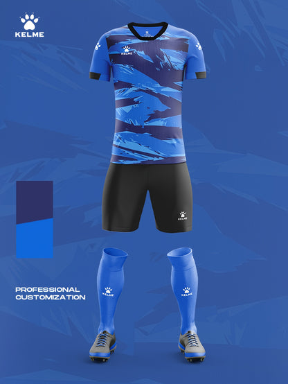 Ensemble de football pour homme, maillot de football à col rond avec imprimé graphique géométrique et short actif, 2 pièces pour l'entraînement et la compétition de football