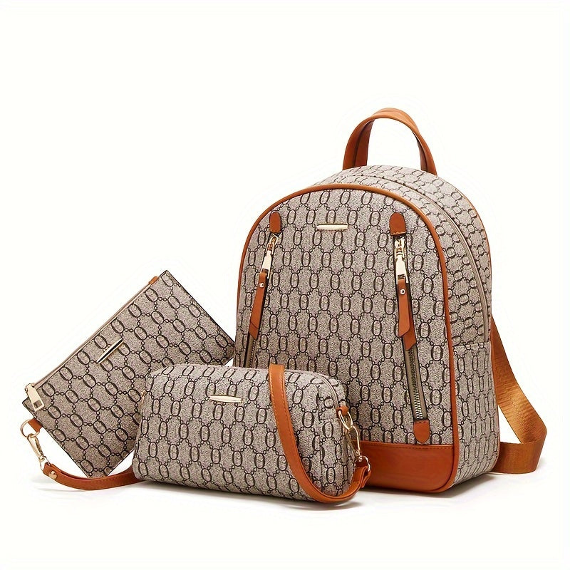 3pcs Ensemble De Sac À Dos À Motif Géométrique, Sac À Dos En Cuir PU À La Mode Avec Sac Bandoulière Et Sac De Soirée