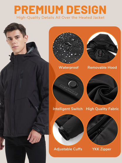 Veste chauffante pour homme, Soft Shell, manteau chauffant électrique chaud d'hiver avec capuche amovible et batterie 7.4 V