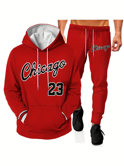 Ensemble de survêtement de sport 2 pièces pour homme "CHICAGO #23" avec imprimé alphabet, sweat à capuche décontracté à manches longues avec cordon de serrage et pantalon de jogging pour la gym, la course à pied