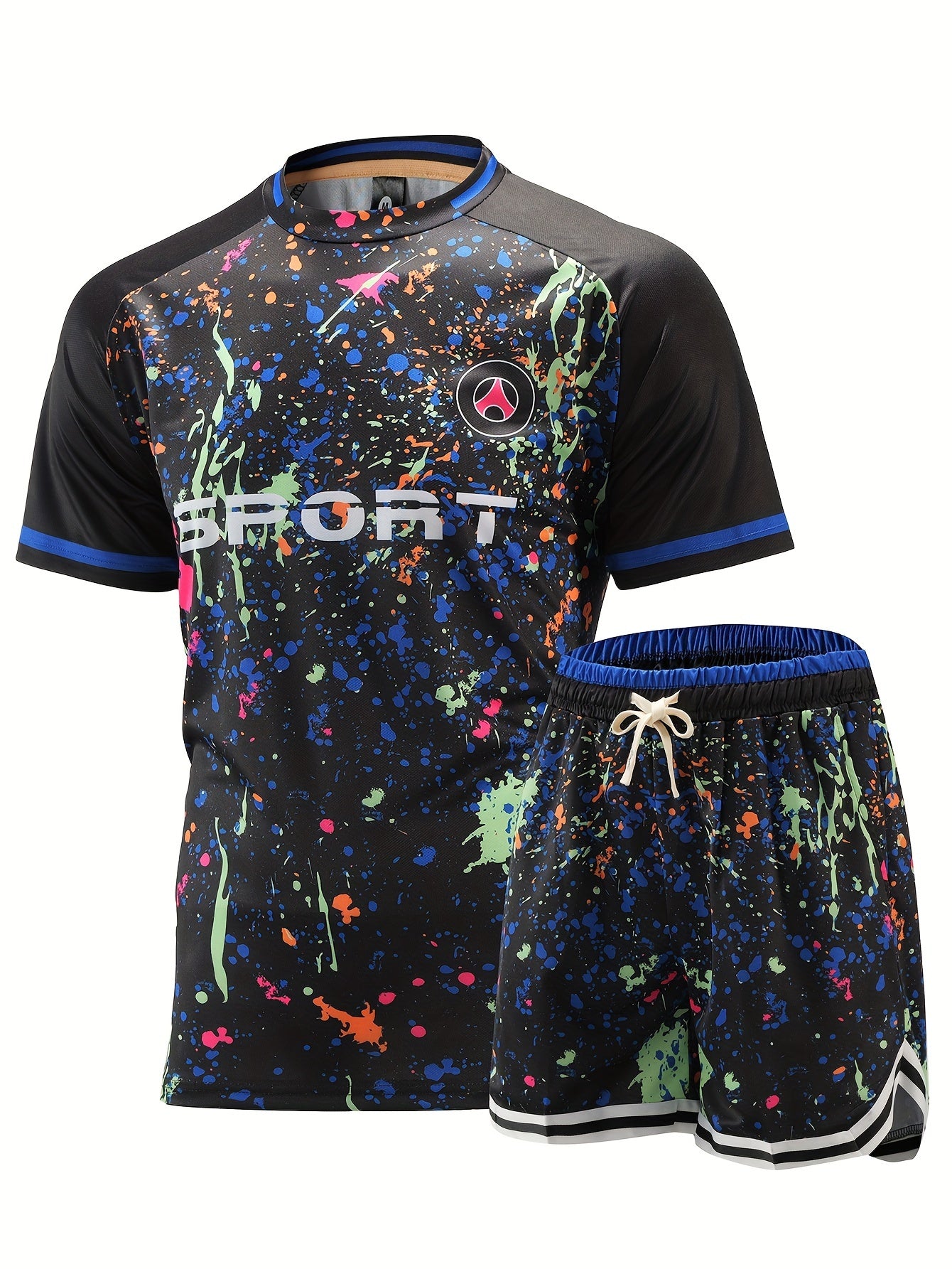 Ensemble de football pour homme, maillot de football à manches courtes avec imprimé graffiti et short actif à cordon de serrage à rayures, 2 pièces pour l'entraînement et la compétition de football.