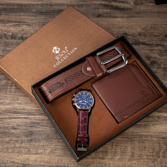 1pc Business Quartz Watch &amp; 1pc Wallet &amp; 1pc Belt, Practical Decorative Accessories, Ideal Gift for Men 