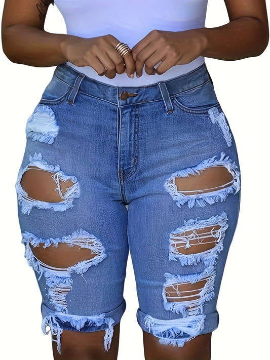 Ripped denim shorts with rolled hem, blue distressed washed denim shorts, women's jeans and denim clothing 