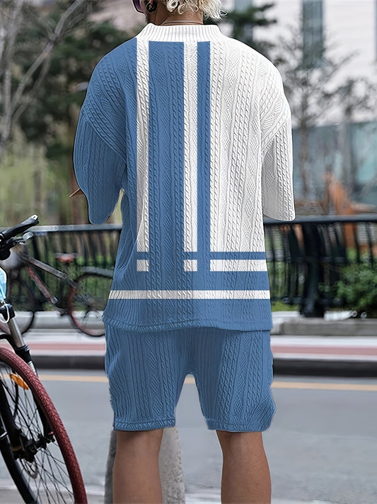 Tenue pour homme, T-shirt décontracté à col en V et manches courtes avec blocs de couleurs et short, ensemble 2 pièces pour les activités de plein air en été.