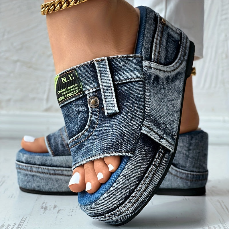 Sandales à plateforme en denim pour femmes, sandales antidérapantes à bout rond ouvert à la mode, sandales compensées d'extérieur