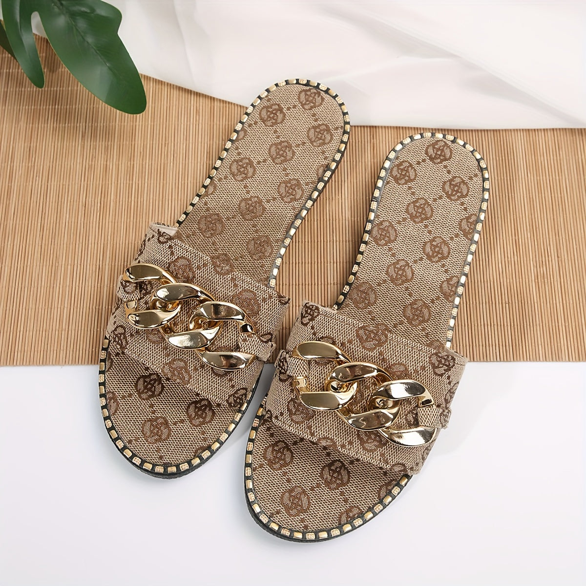 Women's Metal Buckle Decorative Slides, Flower Pattern Open Toe Summer Shoes, Single Band Flat Slide Sandals 