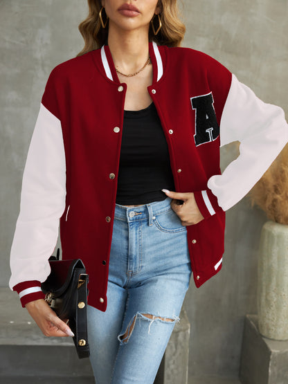 Letter Pattern Varsity Jacket, Street Wear Button Front Jacket, Women's Clothing 