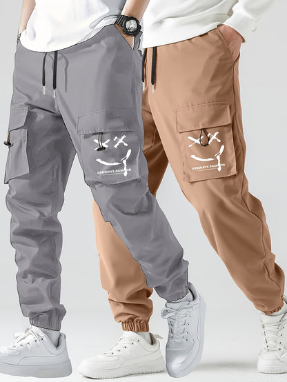 2 Pcs Pantalons De Jogging Cargo Avec Poches Pour Hommes, Motif De Visage Souriant, Respirant Et Décontracté, Vêtements Pour Hommes Avec Cordon De Serrage Pour Les Activités En Plein Air