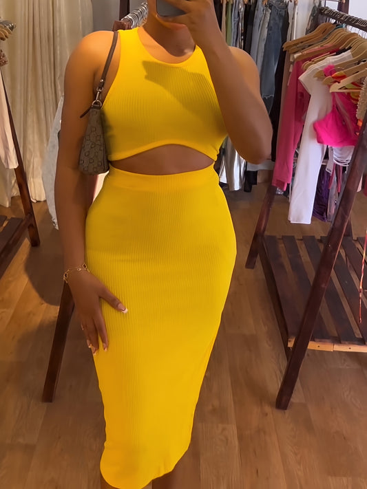 Elegant Solid Color Skirt Set, Round Neck Crop Tank Top and High Waist Pencil Skirt, Women Clothing 