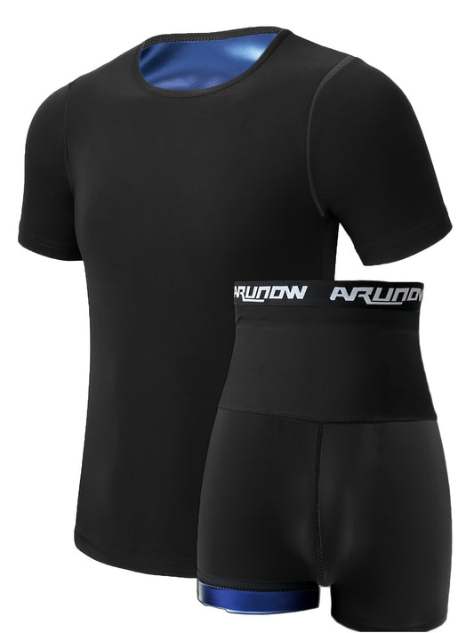 Combinaison de sauna ajustée pour hommes, pour la remise en forme et la mise en forme du corps, ensemble short et short de compression à col rond pour les vêtements de sport d'été