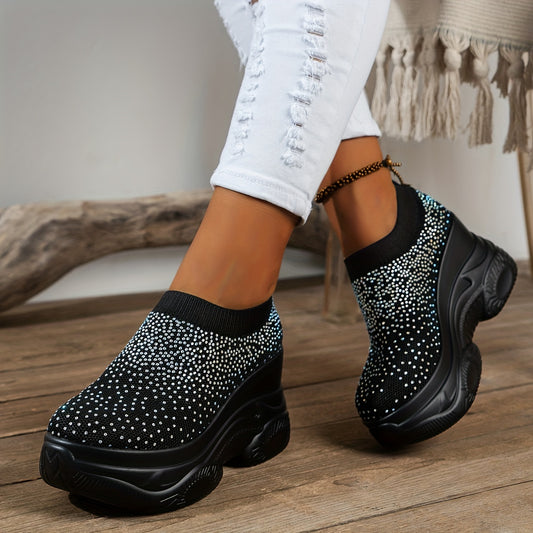 Women Rhinestone Decor Platform Sneakers Casual Slip-on Outdoor Shoes Breathable Knit Low Top Shoes 