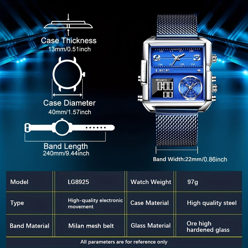 LIGE Men's Electronic Watch Dual Display Quartz Net with Square Case Multifunctional Waterproof Watch Student Alarm Clock, Ideal Choice for Gifts 