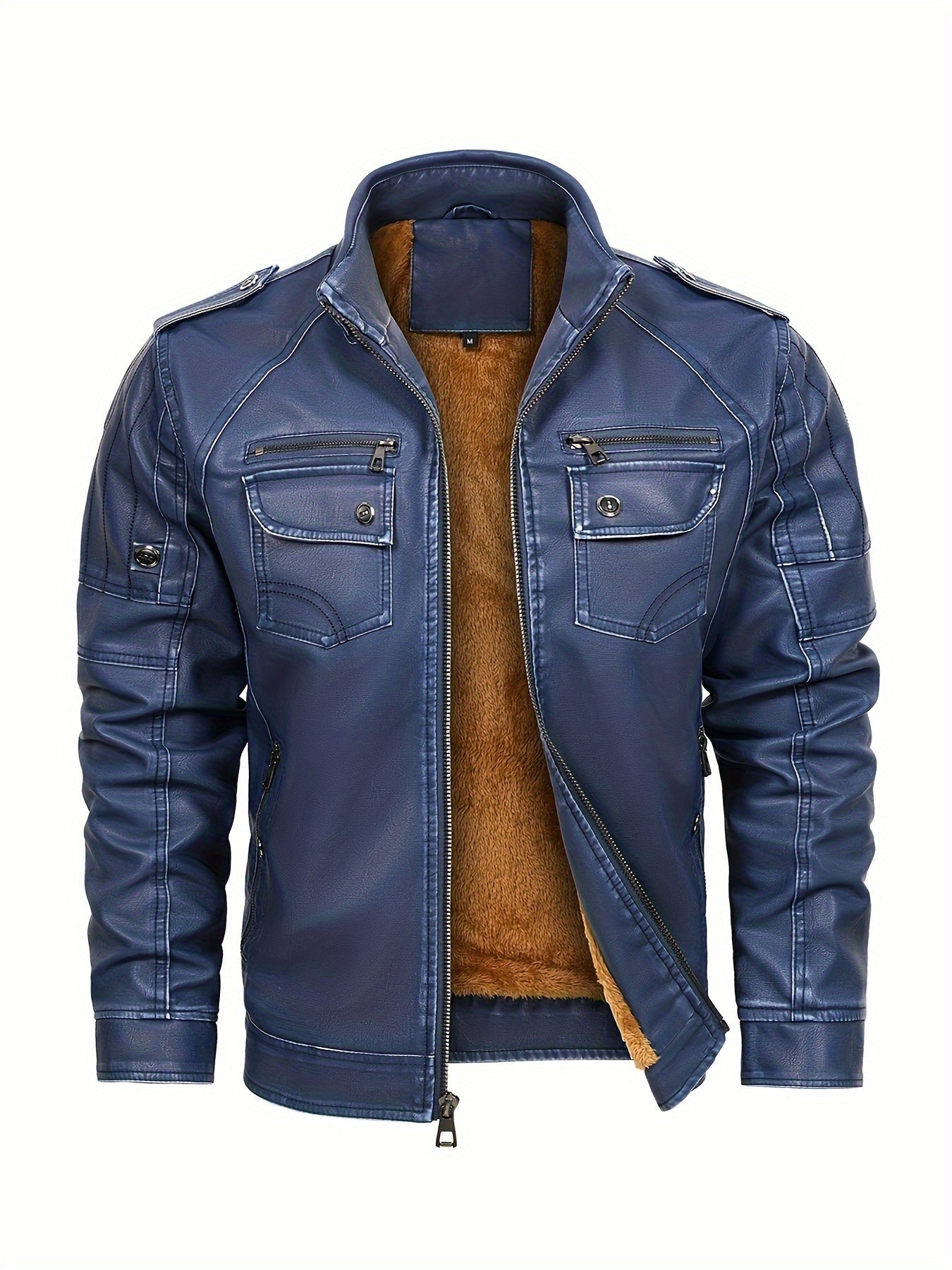 Veste en cuir PU style vintage pour homme - Manteau de motocyclisme softshell à manches longues et col montant avec poches - Vêtement décontracté de couleur unie non extensible - Extérieur en polyuréthane et doublure en polyester - Mode automne/hiver