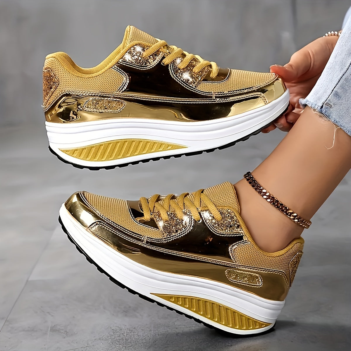 Women's Metallic Wedge Sneakers, Breathable Mesh Lace-up Outdoor Shoes, Comfortable Low-cut Sports Shoes 