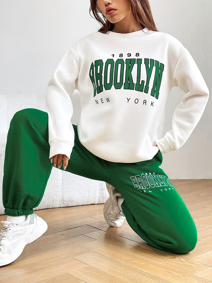 Two Piece Sports Set Letter Print Long Sleeve Crew Neck Sweatshirt and Long Jogger Pants Women Clothing 