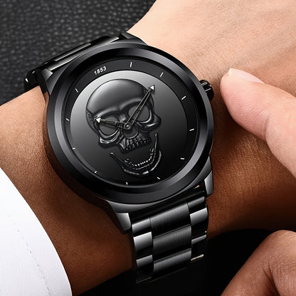 LIGE Montre À Quartz Pour Homme En Acier Inoxydable Avec Crâne 3D, Horloge Créative Étanche À La Mode, Choix Idéal Pour Les Cadeaux