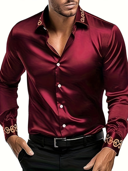 Chemise à manches longues pour homme avec col à revers brodé floral pour un usage quotidien décontracté