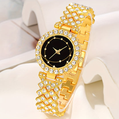 6 montres à quartz dorées avec strass pour femmes, bracelet en alliage avec ensemble de bijoux, cadeau idéal pour elle, maman, petite amie, cadeaux pour l'Aïd