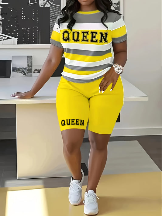 Tenue décontractée QUEEN Imprimé Color Block Deux pièces, T-shirt à manches courtes et col rond et short cycliste, Vêtements pour femmes