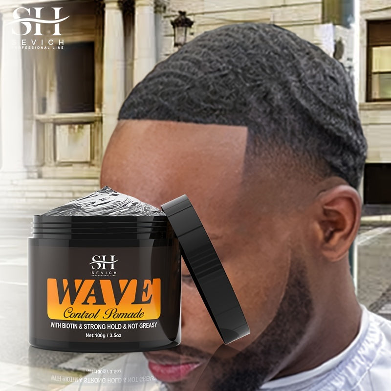 Sevich Men's Wave Control Pomade - Strong Hold, Non-Greasy Styling Paste with Biotin, Jojoba Oil, Haplocalyx Mint - Easy to Wash, Suitable for Normal Hair - Natural Ingredients - 3.5 oz 