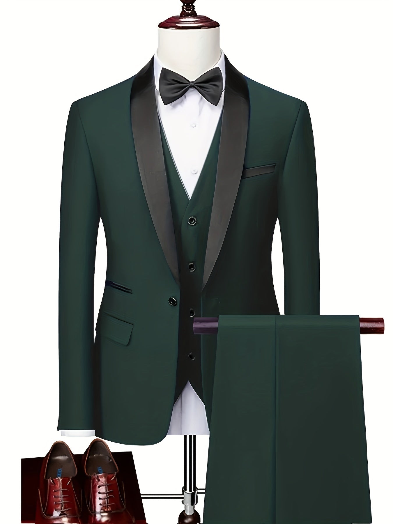 Ensemble 3 pièces de costume classique pour homme, blazer à revers châle boutonné, gilet à simple boutonnage à col en V et pantalon ajusté, tenue de soirée élégante pour les affaires, les banquets et les mariages.