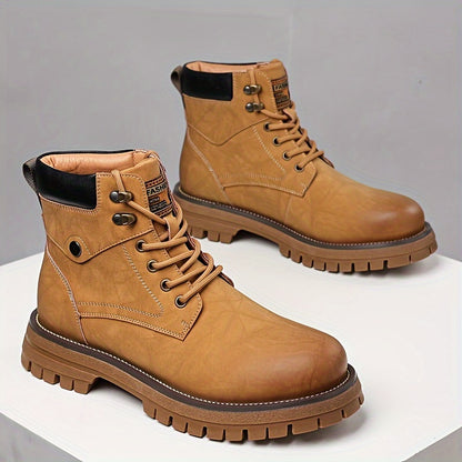 Bottes montantes Derby pour hommes, couleur unie, bout uni, avec ou sans doublure chaude en peluche, semelles en caoutchouc antidérapantes et durables, chaussures confortables, chaussures d'extérieur pour hommes en hiver.