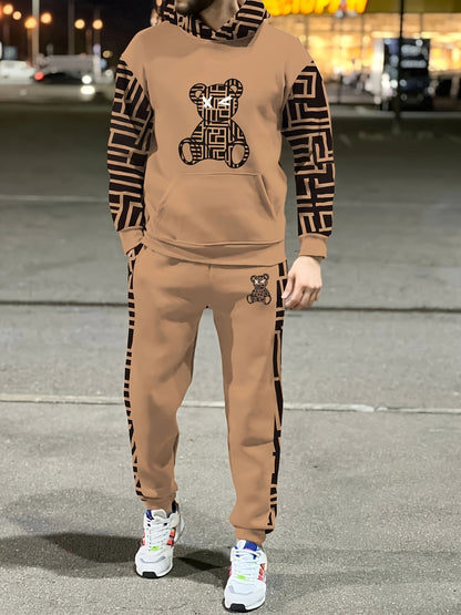 Tenue décontractée 2 pièces pour homme, ensemble élégant et confortable avec sweat à capuche et pantalon, sweat à capuche imprimé ours élégant, pantalon confortable et respirant