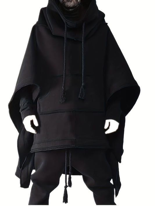 Mid-length autumn coat with unique cape and batwing sleeves, hooded