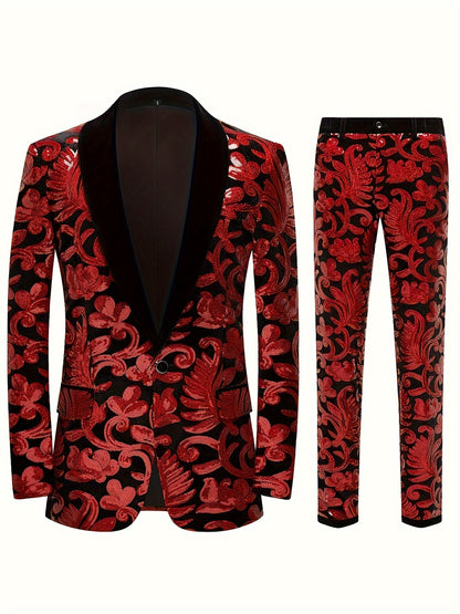 Ensemble de costume 2 pièces à motif floral et paillettes pour homme, blazer à revers châle boutonné et pantalon de ville, mode masculine pour banquet et soirée