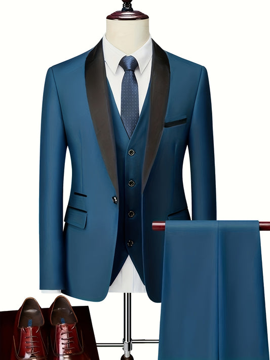 Ensemble 3 pièces de costume classique pour homme, blazer à revers châle boutonné, gilet à simple boutonnage à col en V et pantalon ajusté, tenue de soirée élégante pour les affaires, les banquets et les mariages.