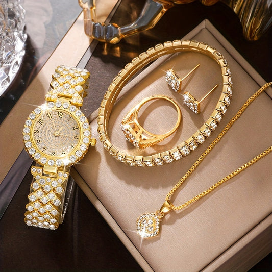 6Pcs/Set Women Watch Luxury Rhinestone Quartz Watch Gold Fashion Analog Wristwatch and Jewelry Set, Gift for Mom Her 