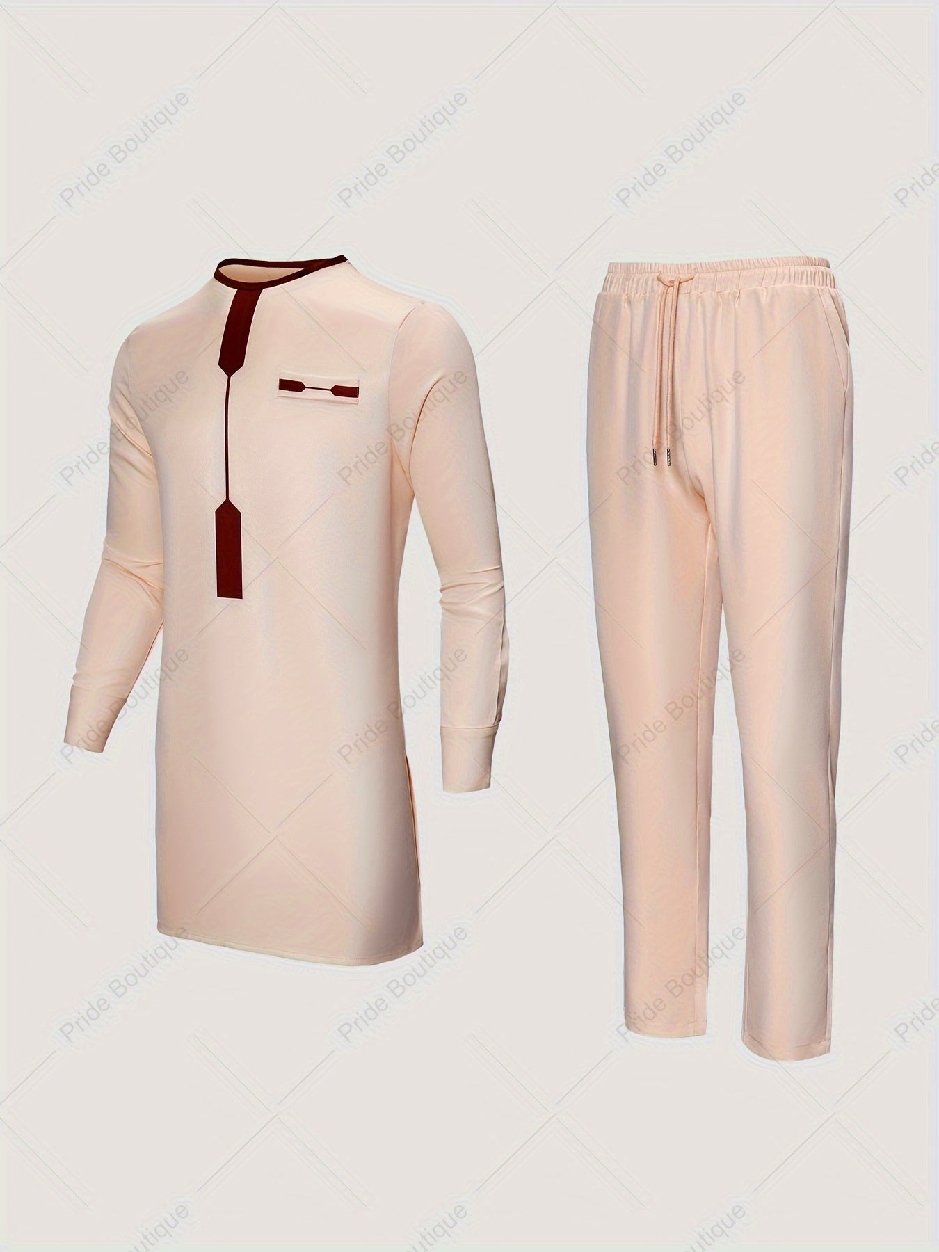 Ensemble 2 pièces pour homme : Robe longue à manches longues avec imprimé géométrique et pantalon uni à cordon de serrage - Costume traditionnel