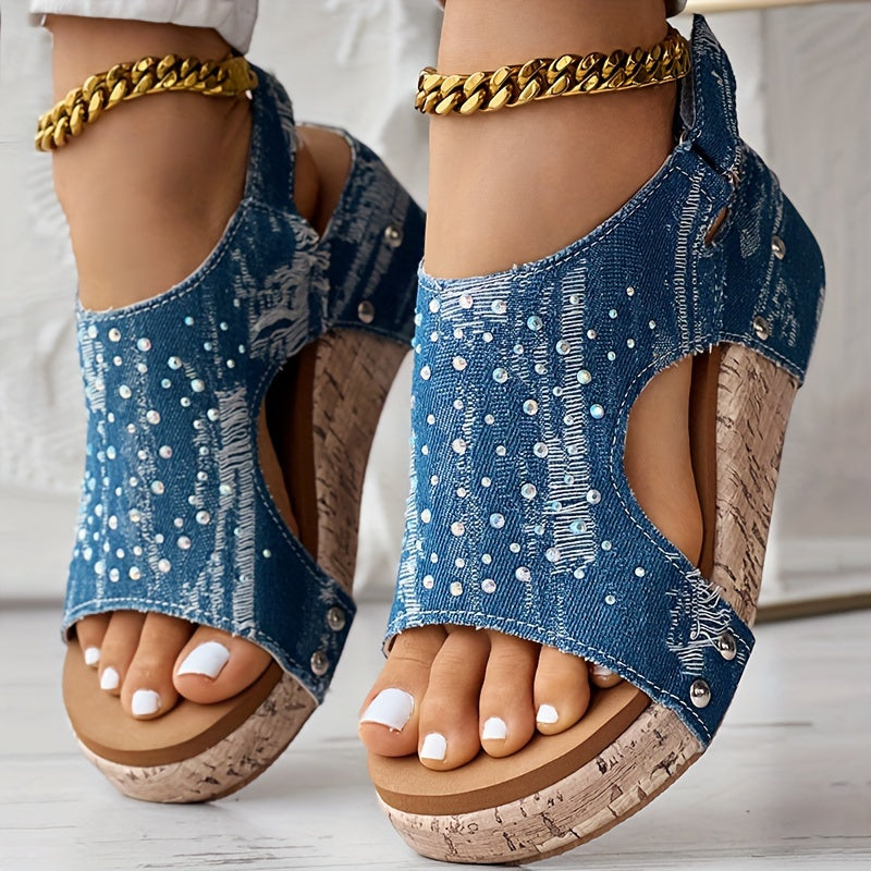 Women Rhinestone Sandals, Soft Sole Denim Platform Shoes with Ankle Buckle, Comfortable Wedge Shoes for Vacation 