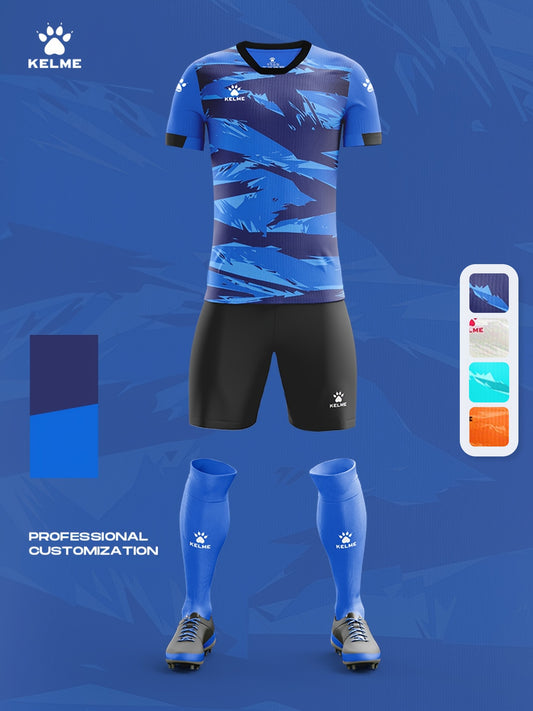 Ensemble de football pour homme, maillot de football à col rond avec imprimé graphique géométrique et short actif, 2 pièces pour l'entraînement et la compétition de football