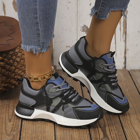 Women Casual Colorblock Sneakers, Lace Up Platform Soft Sole Walking Shoes, Low Top Versatile Skate Shoes 